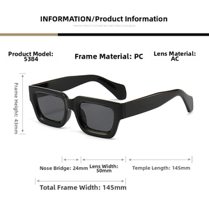 Detailed technical diagram of square black sunglasses showing frame dimensions and materials
