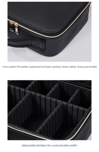 Detail of waterproof cross-grain leather makeup bag with dividers and metal zipper