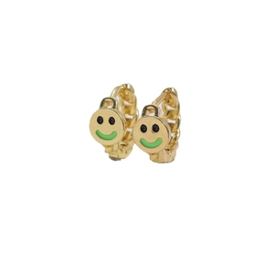 Chic gold hoop earrings featuring green enamel smiley face charms for a trendy fashion look