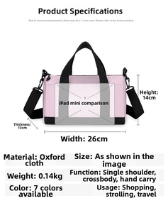 Pink nylon pillow bag dimensions 26x14x13cm showing multi-way carrying strap options