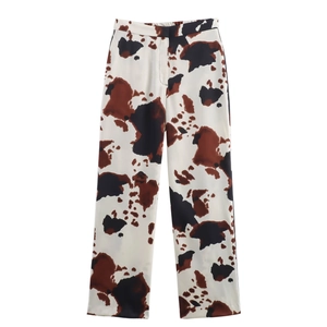Women's autumn fashion wide-leg pants with brown and black cow print on silky fabric