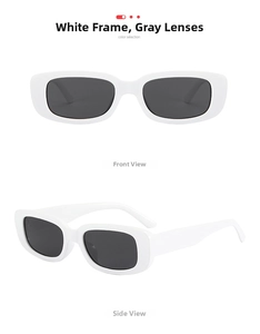 Front and side views of white rectangular small frame sunglasses with dark grey lenses