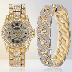 Luxury Iced Out Watch And Bracelet Rhinestone Encrusted Alloy Stainless Steel Fashion Hip Hop Jewelry For Men