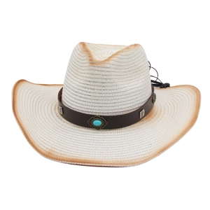 Breathable ivory Panama straw hat with turquoise leather band and burnt edge detail