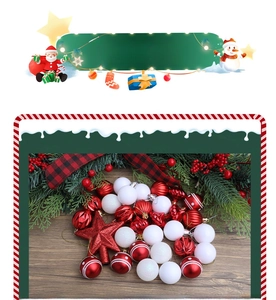 Detailed view of red and white Christmas ornaments with star topper on wooden surface