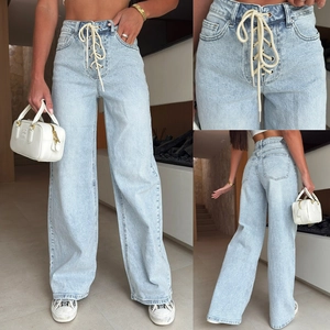 High Waist Wide Leg Jeans Schnürung Vorne Kordelzug Washed Denim Hose Retro Streetwear Mode Für Damen
