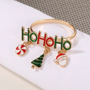 Christmas Napkin Rings Gold Alloy HOHOHO Letter Design With Santa Claus Christmas Tree Pendants Holiday Table Decor
