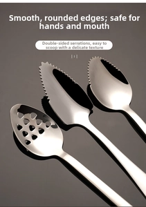 Detail of 304 stainless steel baby food spoons with serrated edges and hollow design
