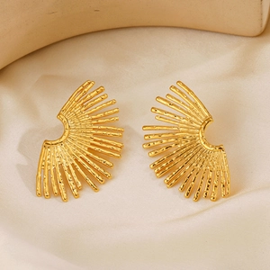 18K gold plated stainless steel fan earrings with radial texture on silk background