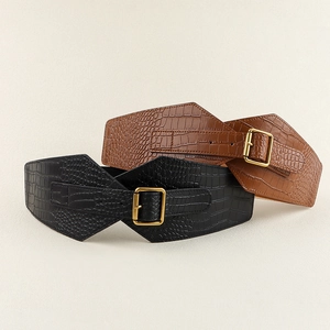 Women's wide faux crocodile leather waist belt with large gold vintage buckle