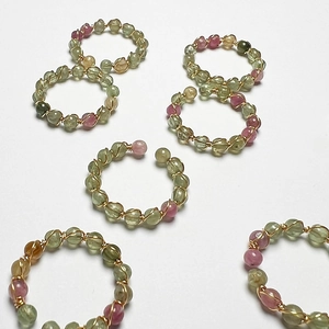 Handmade Gold Wire Wrapped Natural Tourmaline Beads Open Adjustable Ring Bohemian Style Crystal Jewelry For Women
