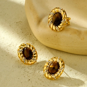 Vintage Stainless Steel Tiger Eye Stone Earrings Ring Set Oval Gold Plated Rhinestone Jewelry For Women Daily Fashion Jewelry