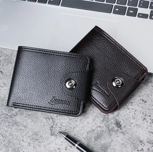 Classic men's short leather wallets in black and dark brown with secure snap closure
