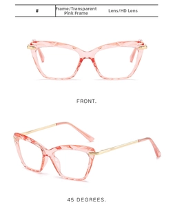 Detail view of pink cat-eye glasses with diamond-cut texture and gold metal temples