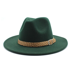 Detail of dark green wool felt jazz hat with braided brown band and silver metal buckle
