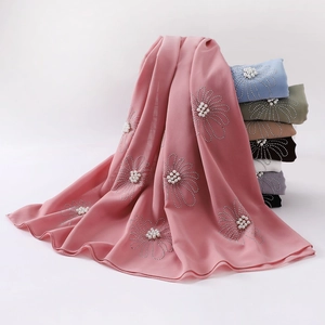 Chiffon hijab with floral rhinestones and pearl embellishments in multiple colors
