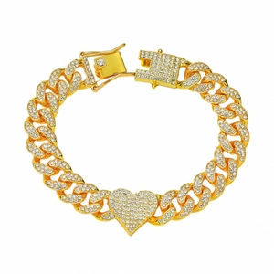 Hip hop style gold plated iced out cuban link chain bracelet with diamond heart pendant