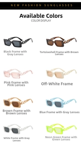 Close-up of rectangle sunglasses showing unique flame wave cutout temples in eight colors