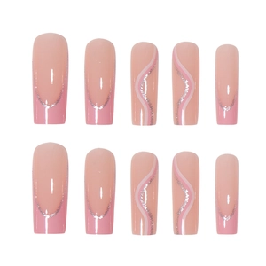 Pink French long square fake nails with wave patterns and silver glitter lines