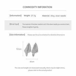 Detailed view of silver mesh fringe earrings with size and weight specifications