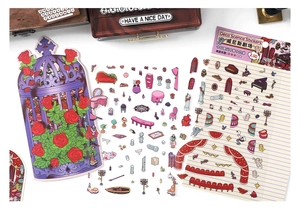 Macro detail of Venice Theater themed 2.5D stickers with furniture and sculpture motifs