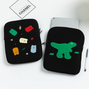 Custodie per laptop nere ricamate con motivi a cartoni animati di orsi e dinosauri