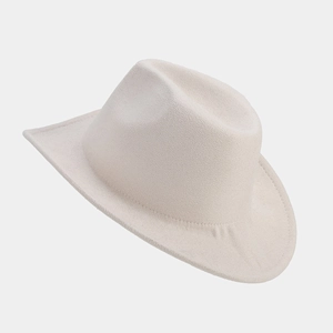 Detail of cream wool felt cowboy hat featuring classic stitching and fine texture