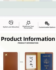 Detail view of brown PU leather passport holder showing golden airplane logo and 14cm height