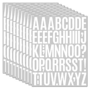 Detail view of layered waterproof vinyl white uppercase alphabet and symbol stickers