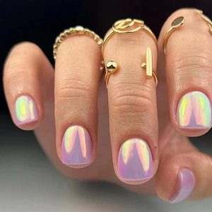 Aurora Purple Press On Nails Short Square Round Shape Cat Eye Glitter Shimmer Artificial Nails For Women Simple Elegant
