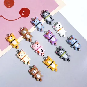 Colorful resin cartoon cat pendant charms with metal rings for DIY jewelry making