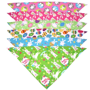 Detailed set of six colorful Easter dog bandanas with Happy Easter prints and patterns