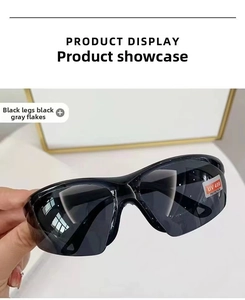 Detail of safety sunglasses with black frames, grey lenses and UV400 protection label
