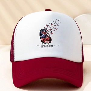Red and white trucker hat featuring a US flag butterfly and freedom text print