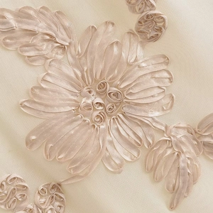 Gros plan sur le tissu jacquard champagne avec broderie ruban 3D sur fond de tulle