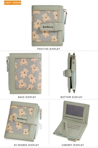 Detailed views of light green women's wallet with cute bear print and multiple card slots