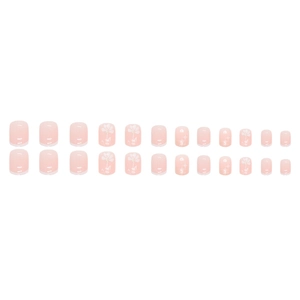 Pink French press-on nails with white butterfly and flower designs, 24 pieces set