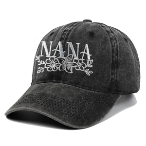 Vintage washed charcoal baseball cap with white NANA embroidery and floral design