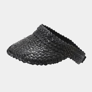 Detailed view of black woven straw sun hat featuring intricate cross-stitch weaving texture