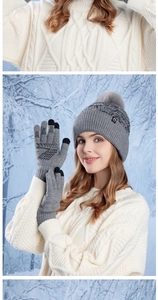 Detailed knit texture of grey winter hat with faux fur pom and touch-screen gloves