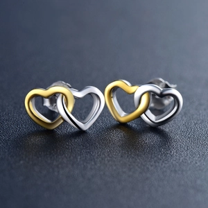 Minimalist S925 sterling silver interlocking heart earrings in gold and silver finish