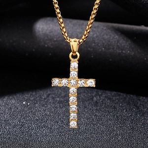 Collier Pendentif Croix Hip Hop Homme Acier Inoxydable Iced Out Zircon Strass Plaqué Or Punk Gothique Chaîne Box