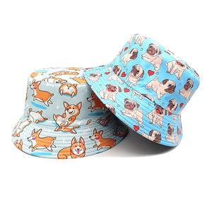 Reversible Bucket Hat Cartoon Dog Print Corgi Pug Polyester Sun Protection Outdoor Casual Fishing Hat