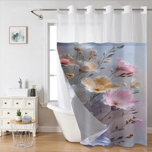 Waterproof floral shower curtain with abstract pink blossoms and light-filtering top
