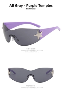 Y2K rimless shield sunglasses featuring grey lenses with silver stars and purple temples