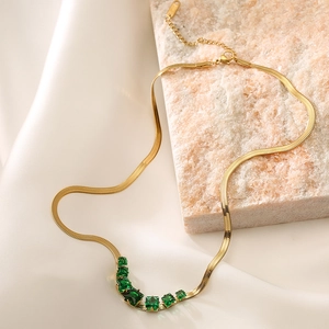 Gold-plated titanium steel snake chain necklace with green square zircon stones