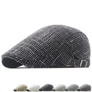 British style cotton linen plaid beret newsboy hat with metal buckle in various colors