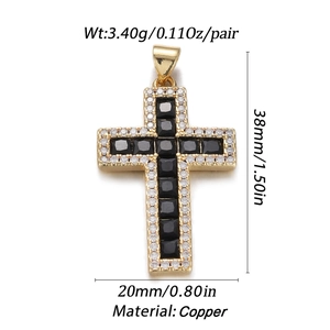 Detailed view of gold copper cross pendant with cubic zirconia, weight and dimensions shown