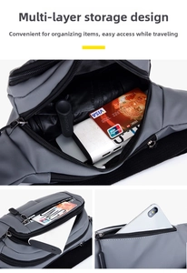 Detailed view of grey waterproof waist bag showing multi-pocket storage and large capacity