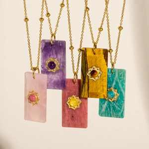 Rectangle natural stone pendant necklace set with gold star motifs and beaded chains